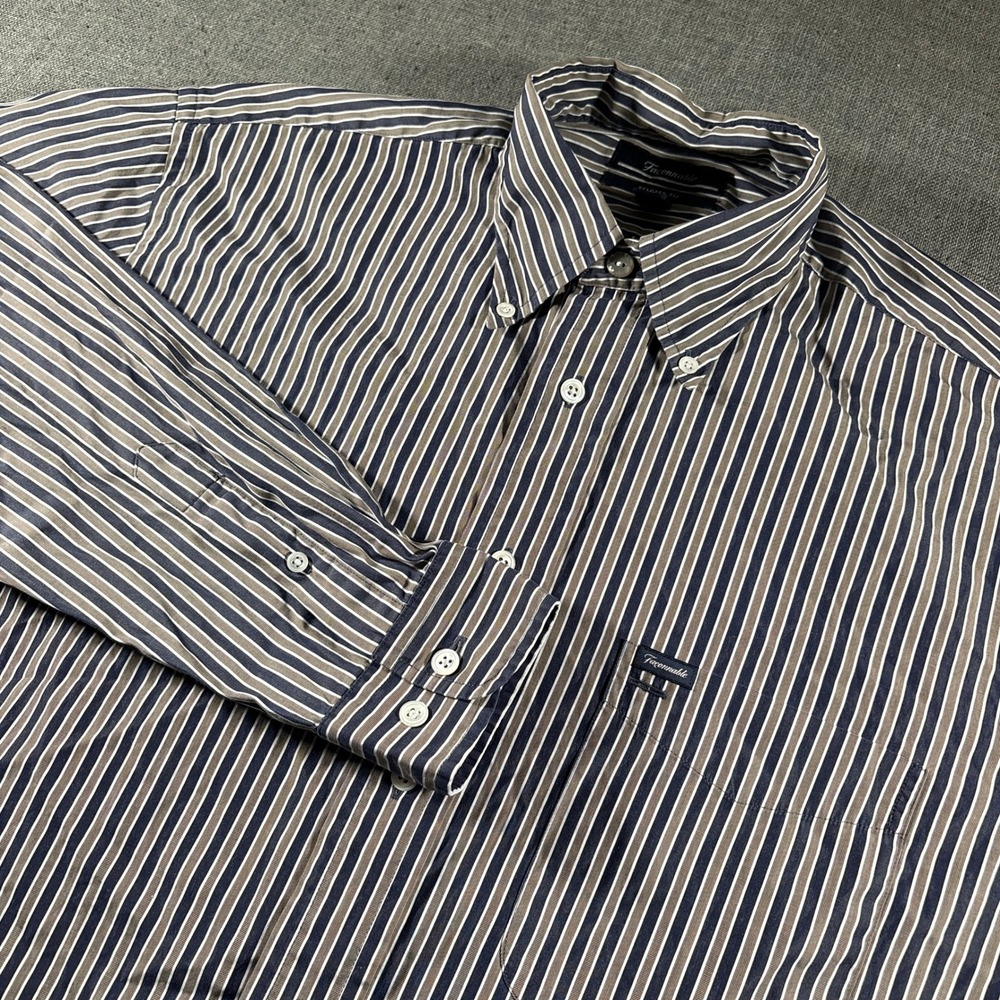 Vintage Faconnable Shirt Men Medium Blue Brown Stripe Relaxed Button Long Sleeve